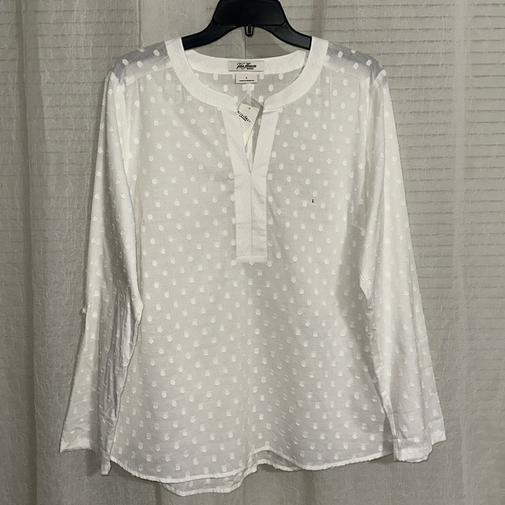 Van Heusen L White Cotton Swiss Dot Long Tab Roll up Sleeve V-Neck Top